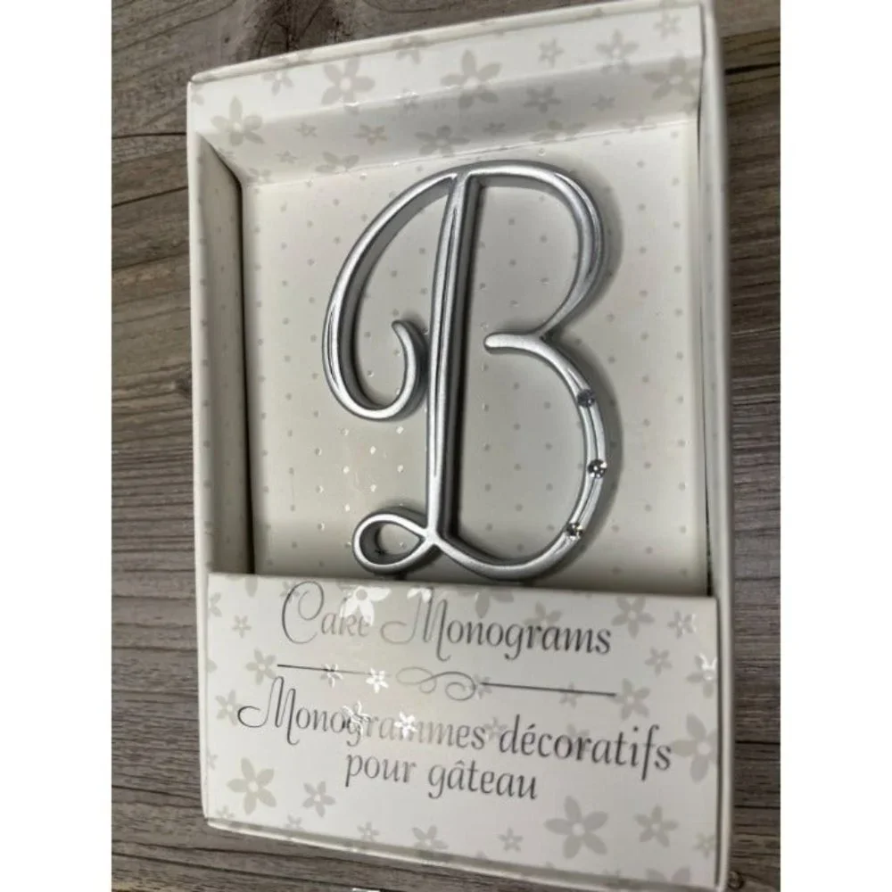Wedding Small B Silver Finish Monogram Initial Rhinestones Cake Topper